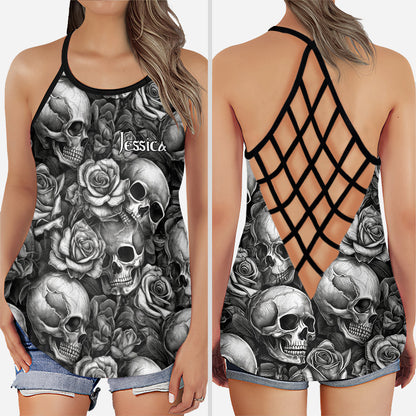 Skull Roses Black And White - Personalized Skull Cross Tank Top