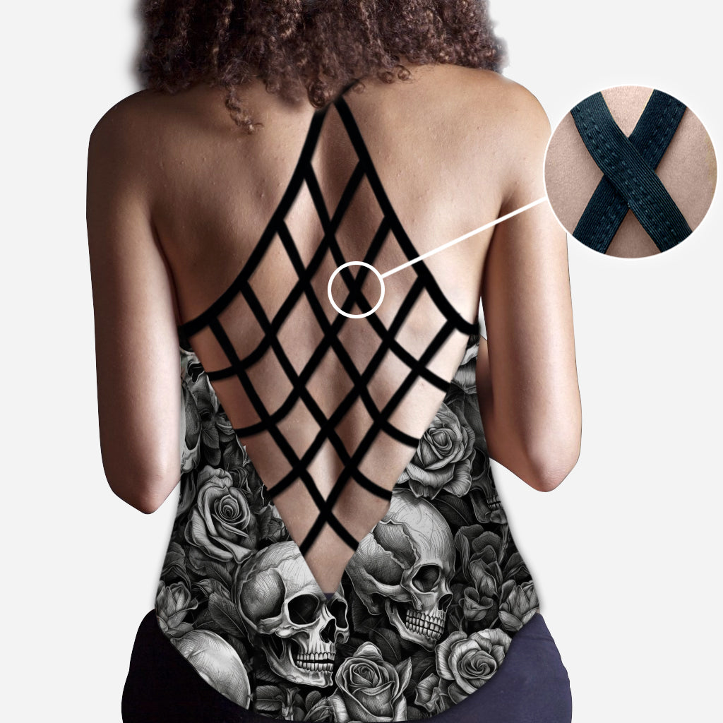 Skull Roses Black And White - Personalized Skull Cross Tank Top