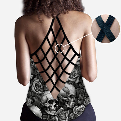 Skull Roses Black And White - Personalized Skull Cross Tank Top