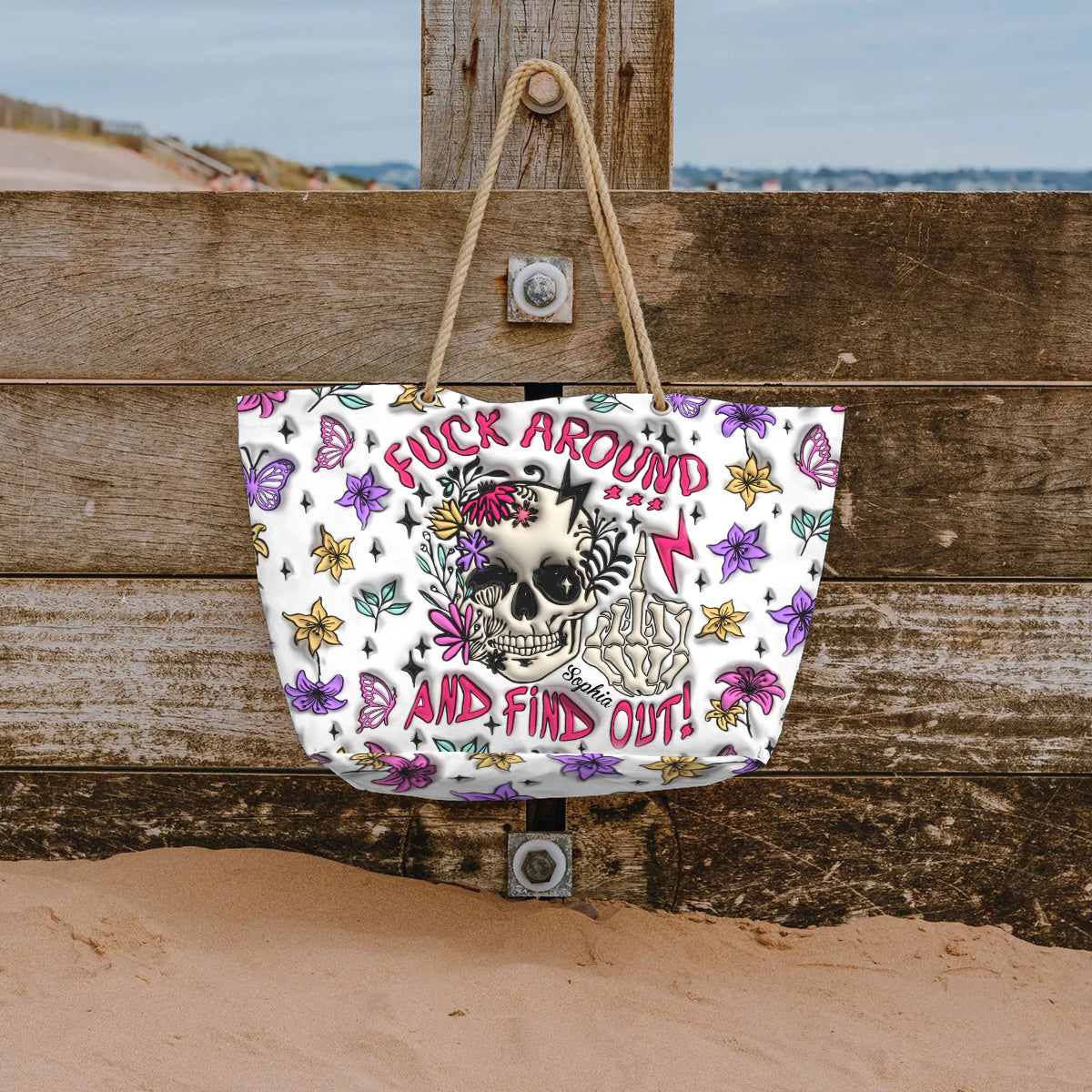 Fuck Around And Find Out - Personalized Skull Beach Bag