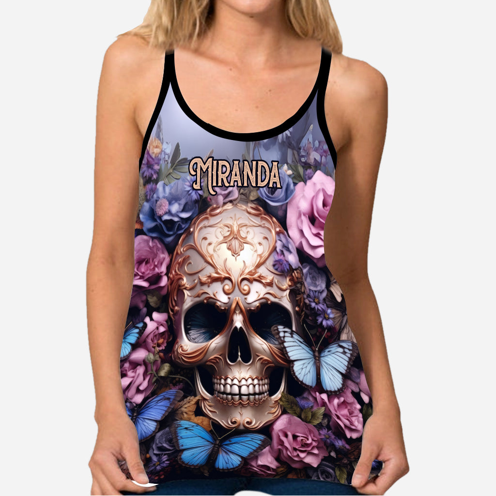 Beauty Of The Dark Skull Roses Butterflies - Personalized Skull Cross Tank Top