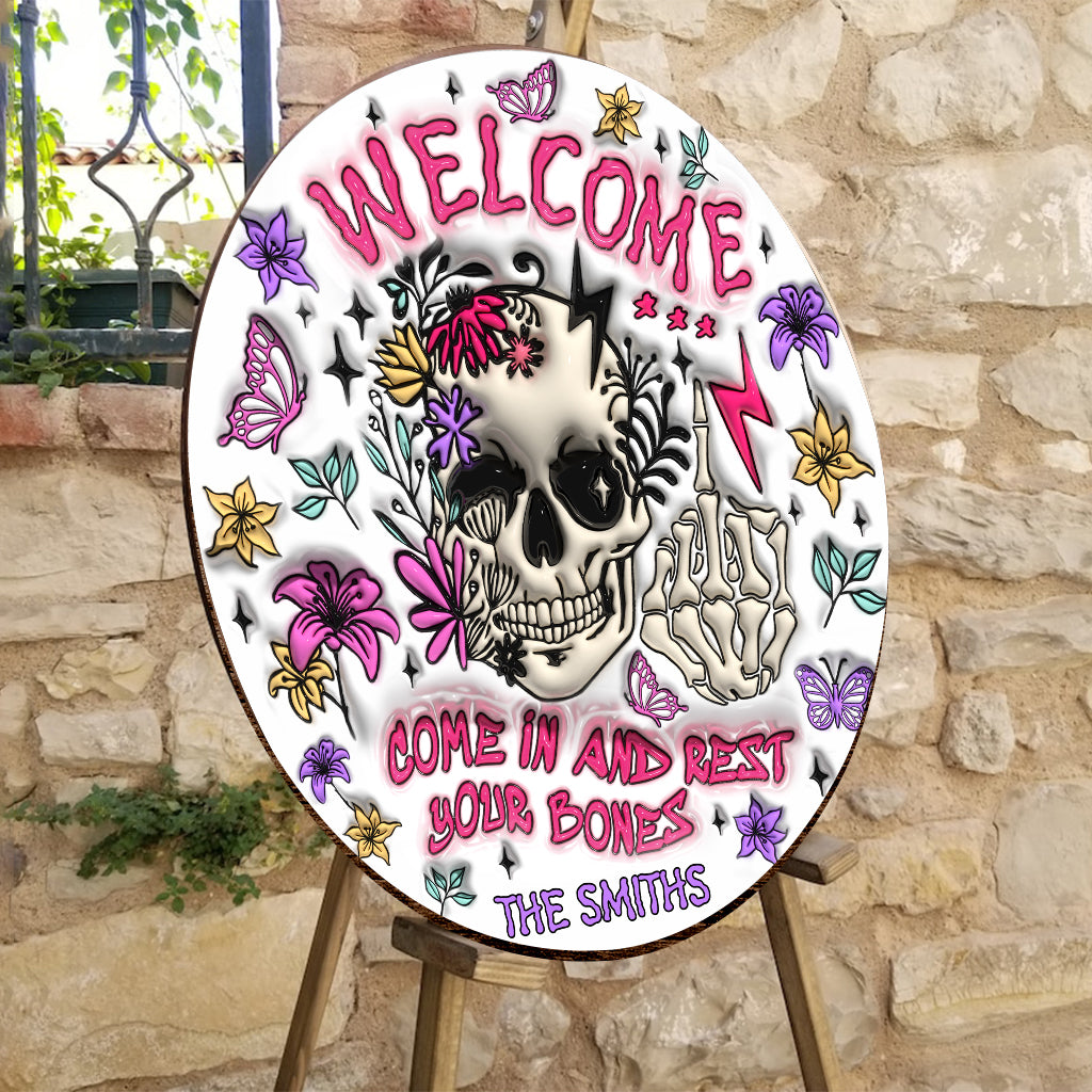 Come In And Rest - Personalized Skull Round Wood Sign