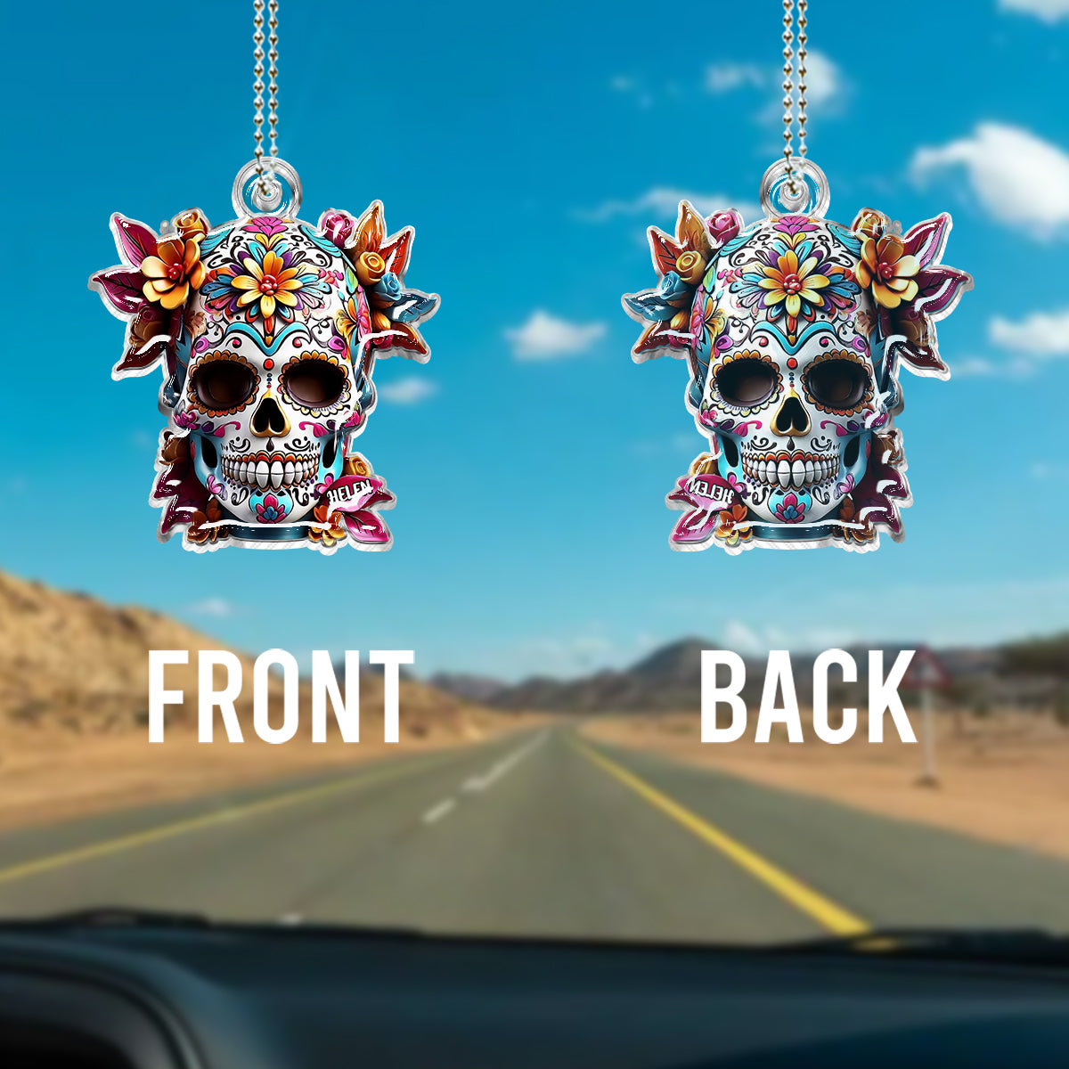 Floral Sugar Skull - Personalized Skull Custom Shaped Car Ornament