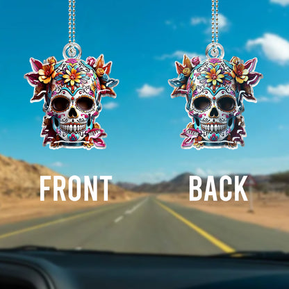 Floral Sugar Skull - Personalized Skull Custom Shaped Car Ornament