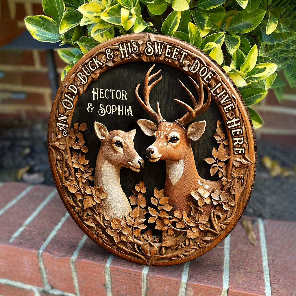 Old Buck Sweet Doe - Personalized Hunting Round Wood Sign