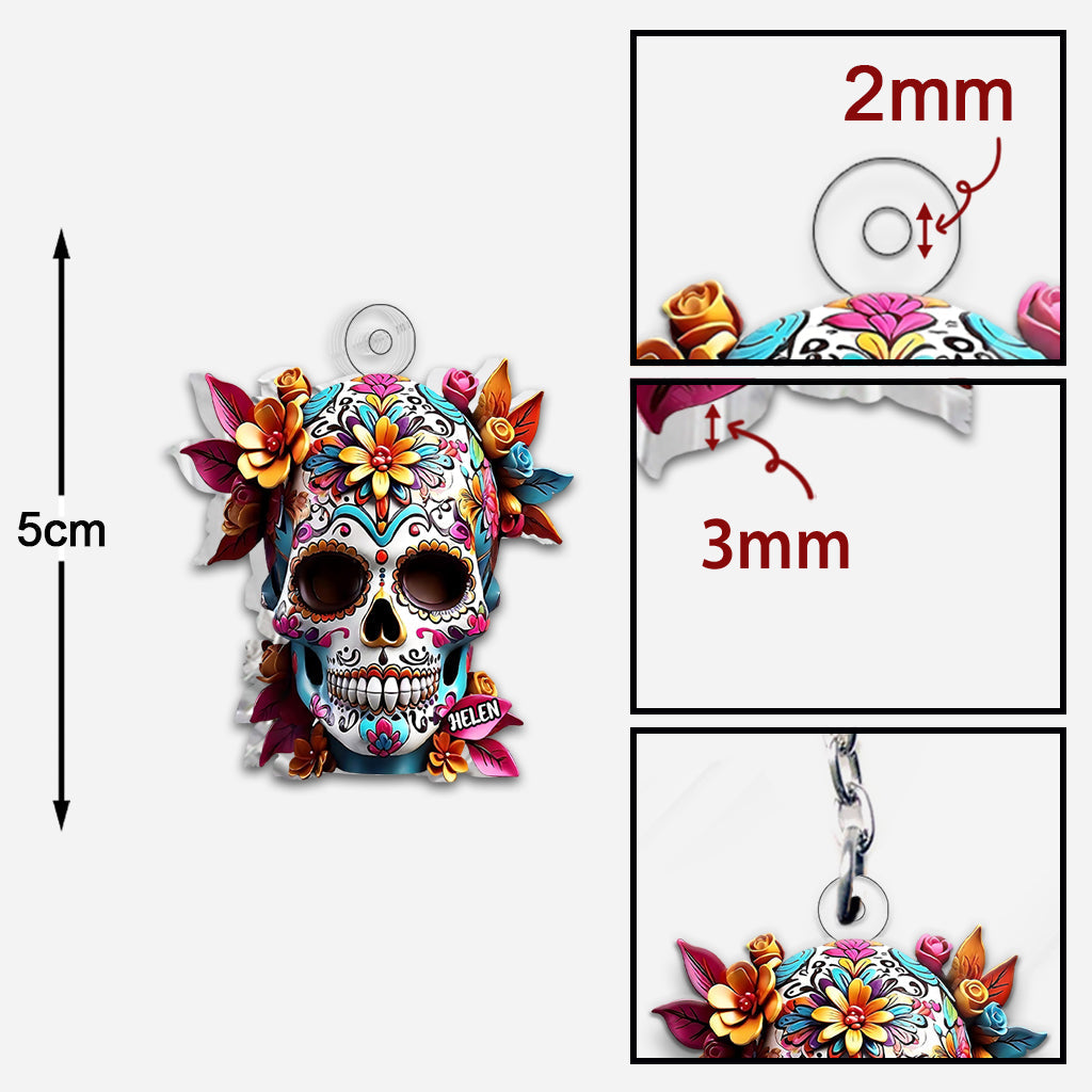 Floral Sugar Skull - Personalized Skull Custom Shaped Keychain