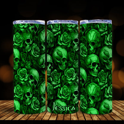 Glow In The Dark Skull Roses - Personalized Skull Glow Skinny Tumbler
