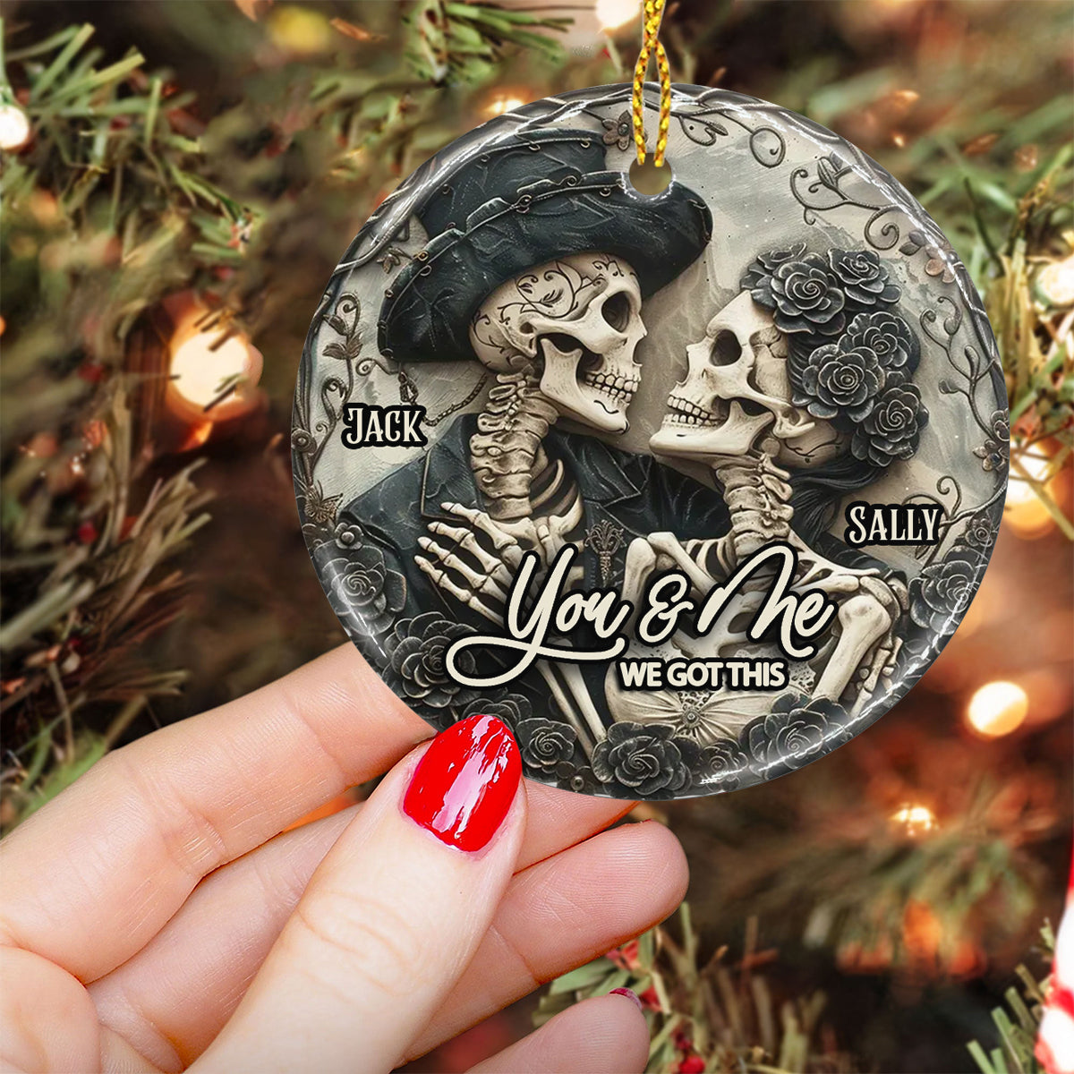 You & Me - Personalized Skull Ceramic Circle Ornament
