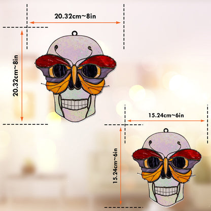 Skull With Colorful Butterfly - Personalized Skull Window Hanging Suncatcher Ornament