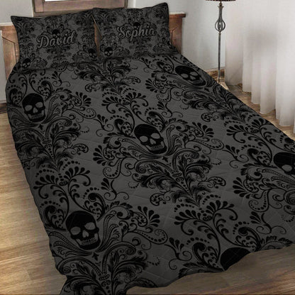 Black & Gray Floral Skull - Personalized Skull Quilt Set