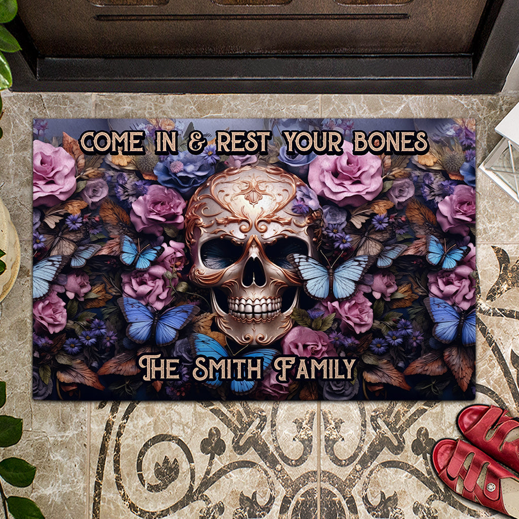 Welcome Come In & Rest Your Bones - Personalized Skull Doormat