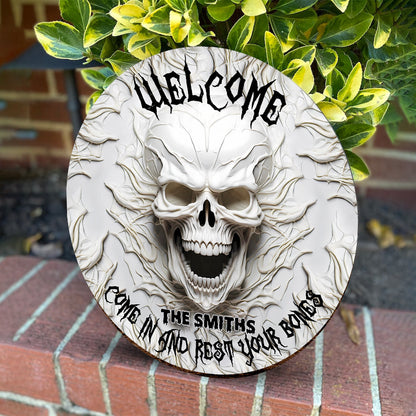 Come In And Rest - Personalized Skull Round Wood Sign