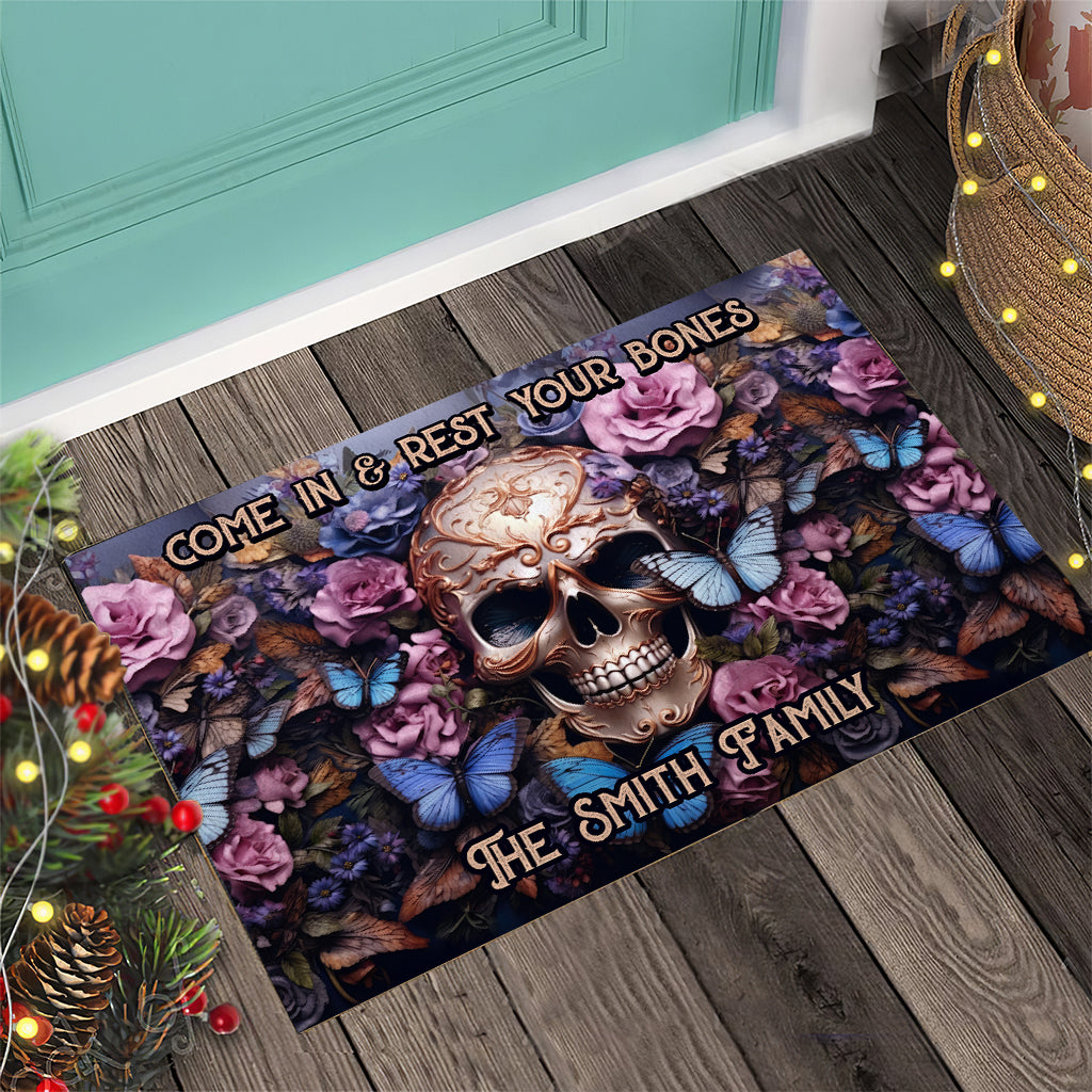 Welcome Come In & Rest Your Bones - Personalized Skull Doormat