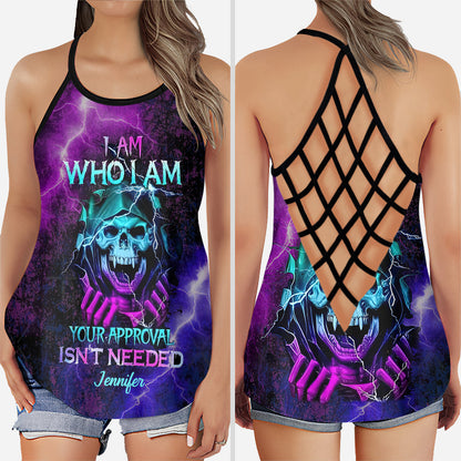 I Am Who I Am, Your Approval Isn't Needed - Personalized Skull Cross Tank Top