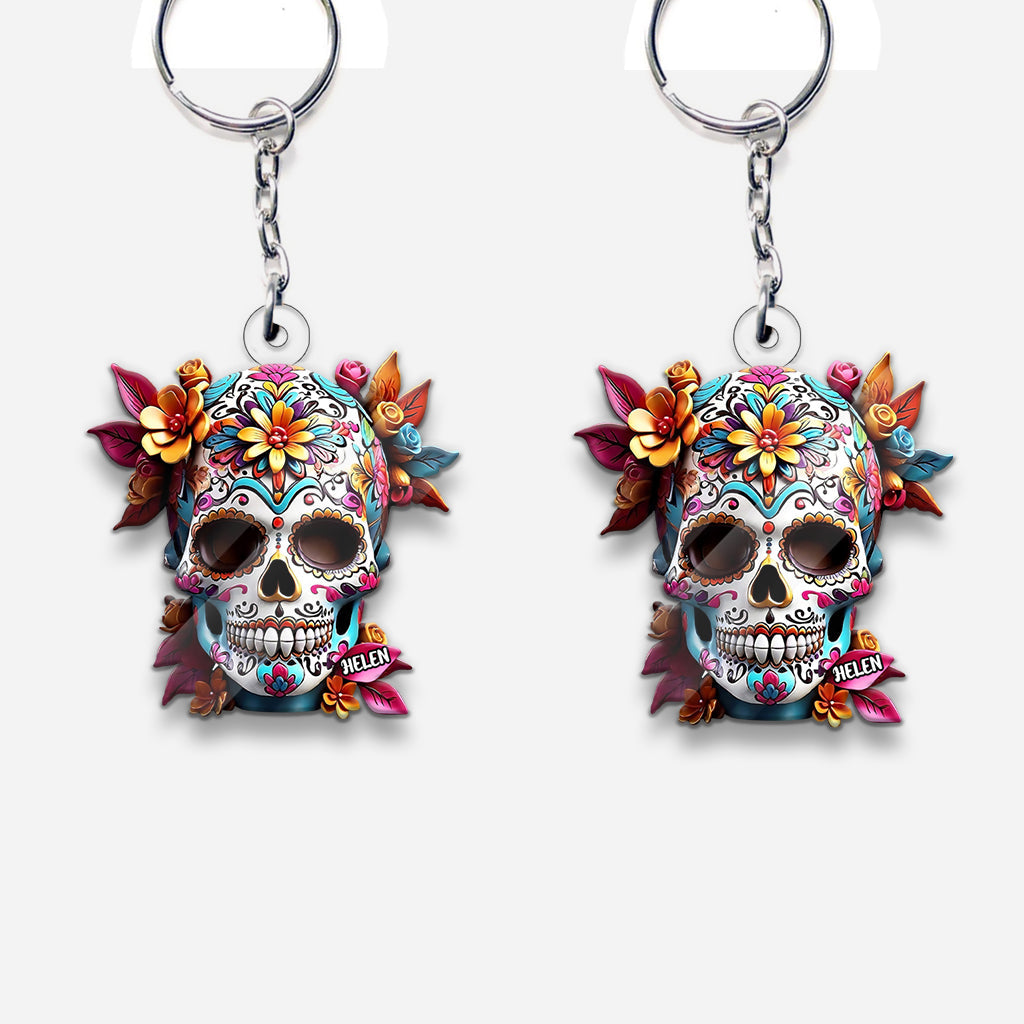 Floral Sugar Skull - Personalized Skull Custom Shaped Keychain
