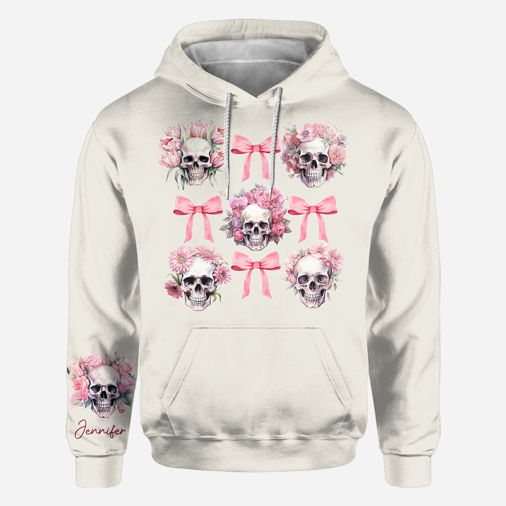 Pink Ribbon Coquette Bow Watercolor Skull - Personalized Skull All Over Shirt