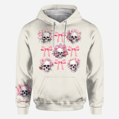 Pink Ribbon Coquette Bow Watercolor Skull - Personalized Skull All Over Shirt