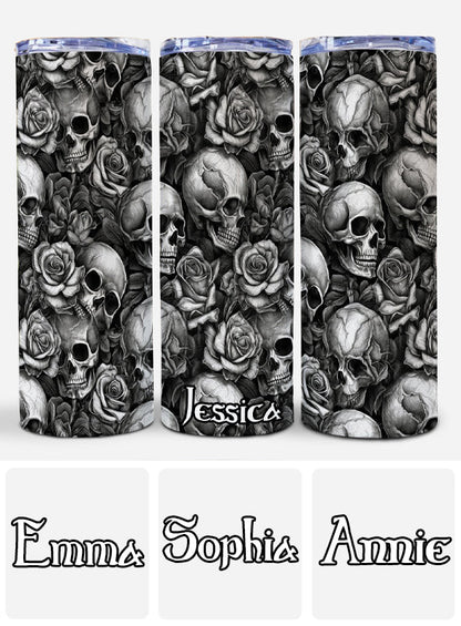 Glow In The Dark Skull Roses - Personalized Skull Glow Skinny Tumbler