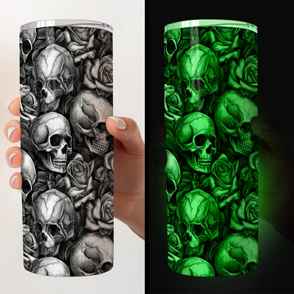 Glow In The Dark Skull Roses - Personalized Skull Glow Skinny Tumbler