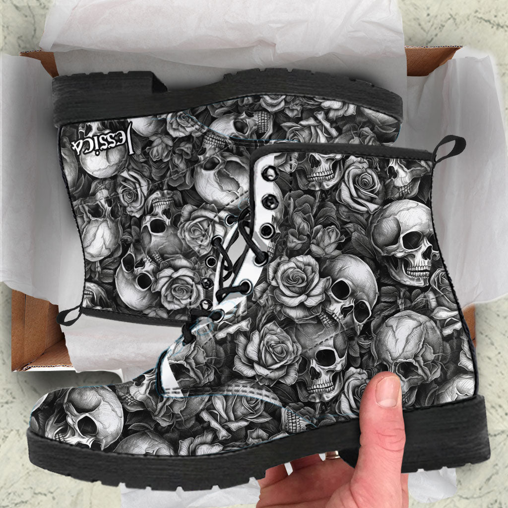 Skull Roses Black And White - Personalized Skull Leather Boots