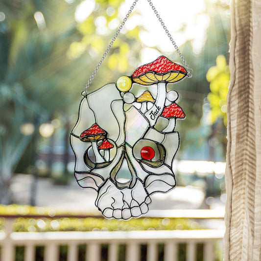 Mushroom White Skull - Personalized Skull Window Hanging Suncatcher Ornament