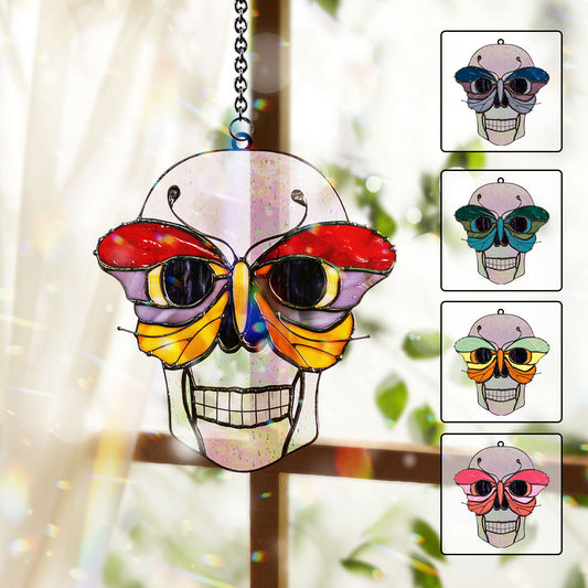Skull With Colorful Butterfly - Personalized Skull Window Hanging Suncatcher Ornament