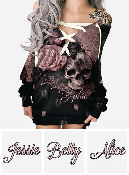 Enchanting Floral & Skull - Personalized Skull Off Shoulder Long Sleeve Dress