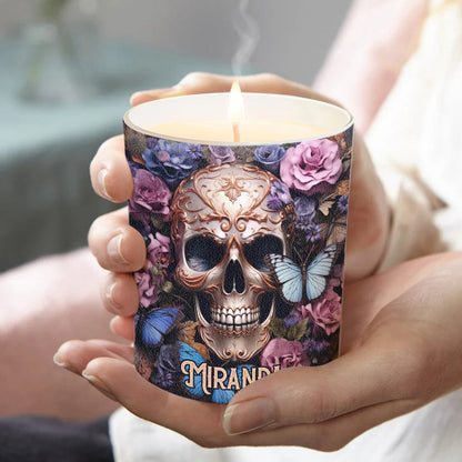 Beauty Of The Dark Skull Roses Butterflies - Personalized Skull Candle With Wooden Lid