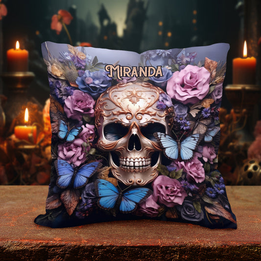 Beauty Of The Dark Skull Roses Butterflies - Personalized Skull Throw Pillow