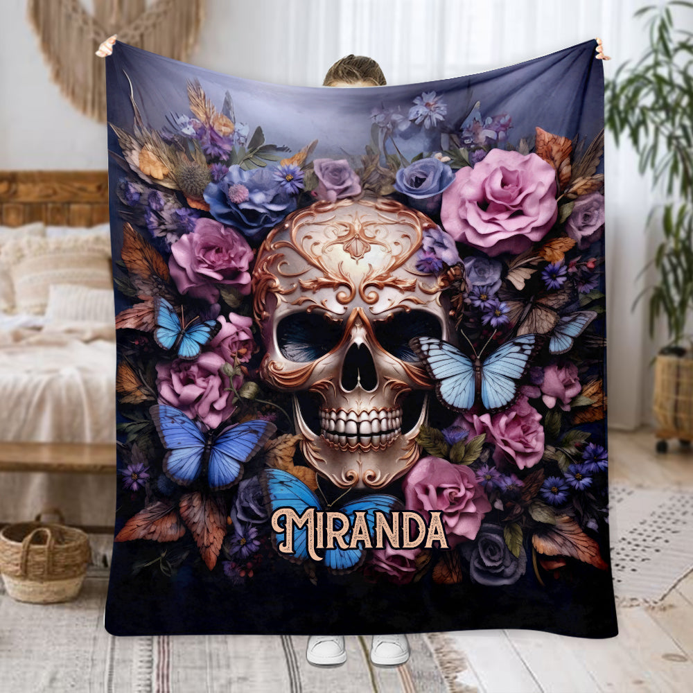 Beauty Of The Dark Skull Roses Butterflies - Personalized Skull Blanket