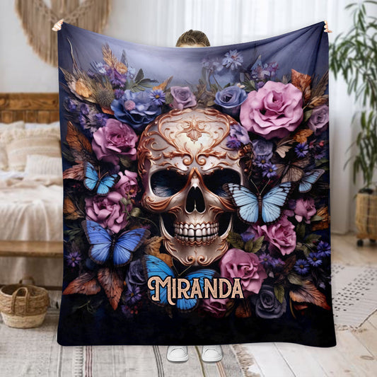 Beauty Of The Dark Skull Roses Butterflies - Personalized Skull Blanket