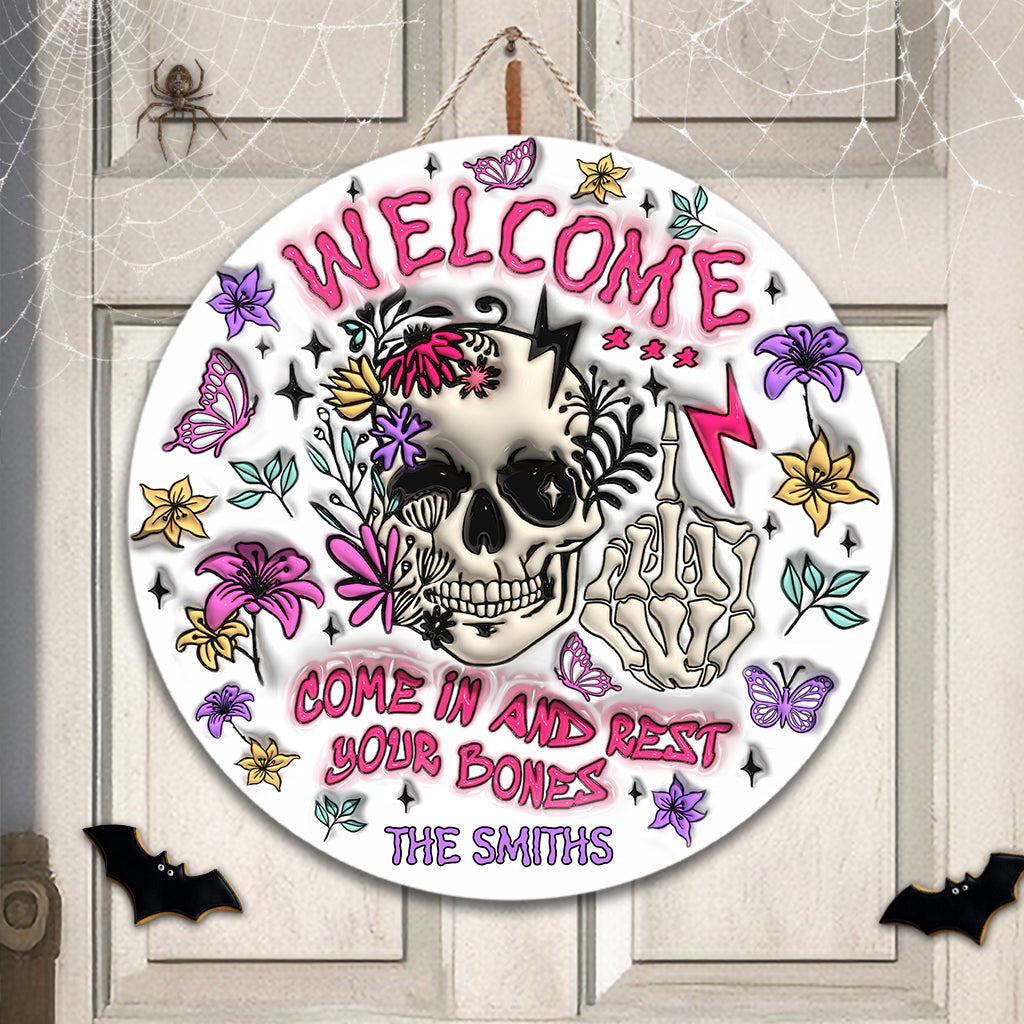 Come In And Rest - Personalized Skull Round Wood Sign