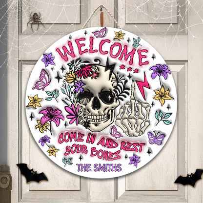 Come In And Rest - Personalized Skull Round Wood Sign