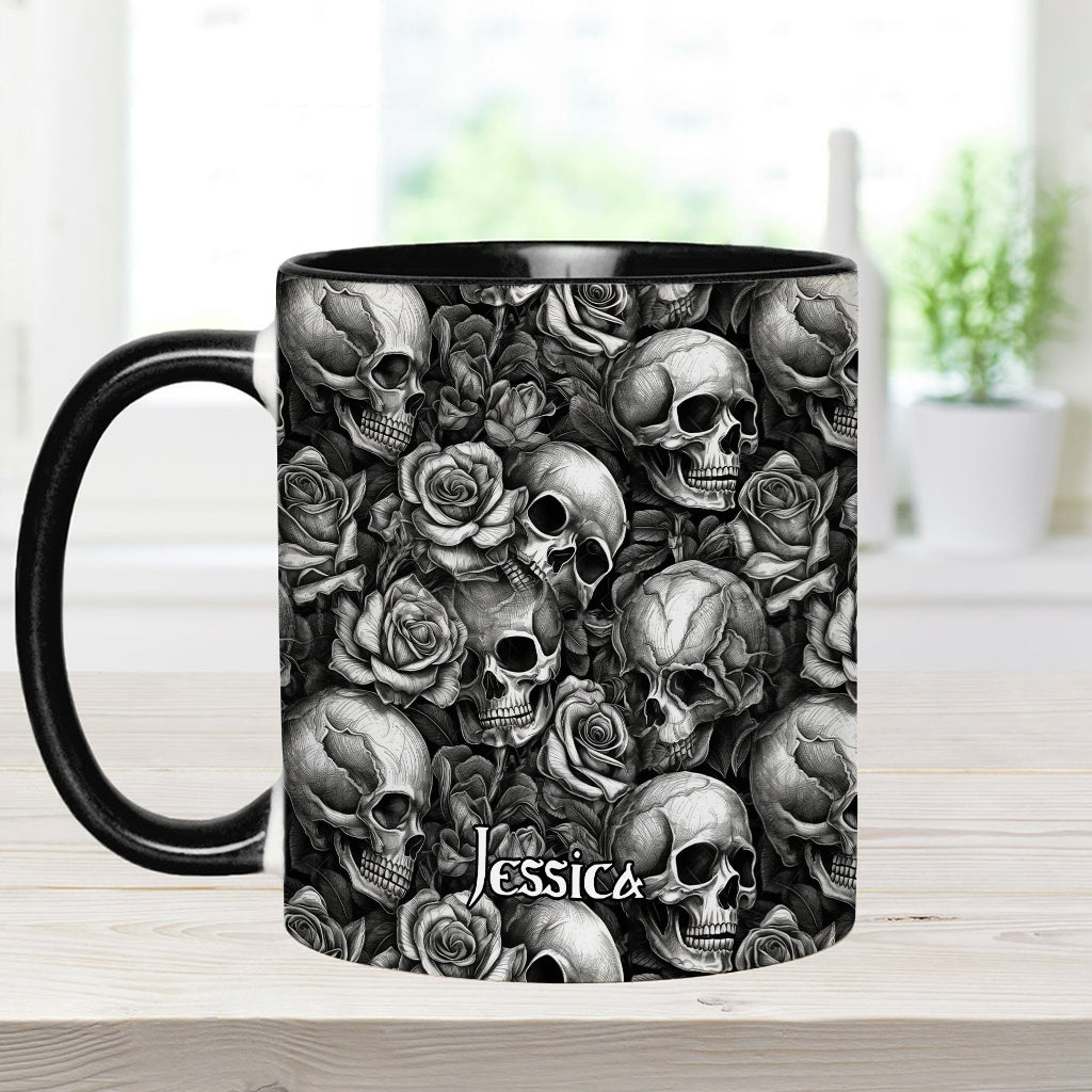 Skull Roses Black And White - Personalized Skull Accent Mug