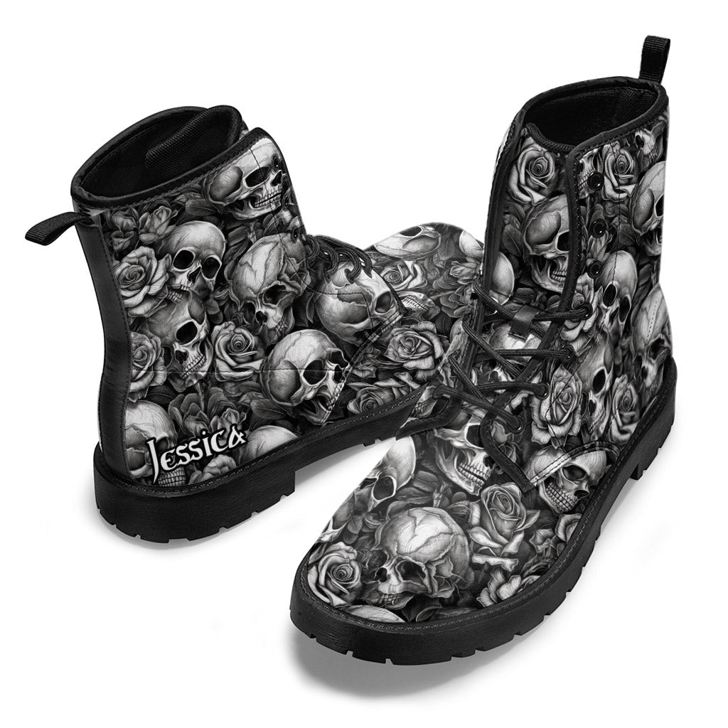 Skull Roses Black And White - Personalized Skull Leather Boots