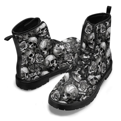 Skull Roses Black And White - Personalized Skull Leather Boots