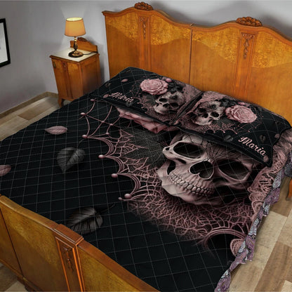 Roses And Skull - Personalized Skull Quilt Set