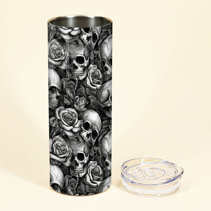 Glow In The Dark Skull Roses - Personalized Skull Glow Skinny Tumbler