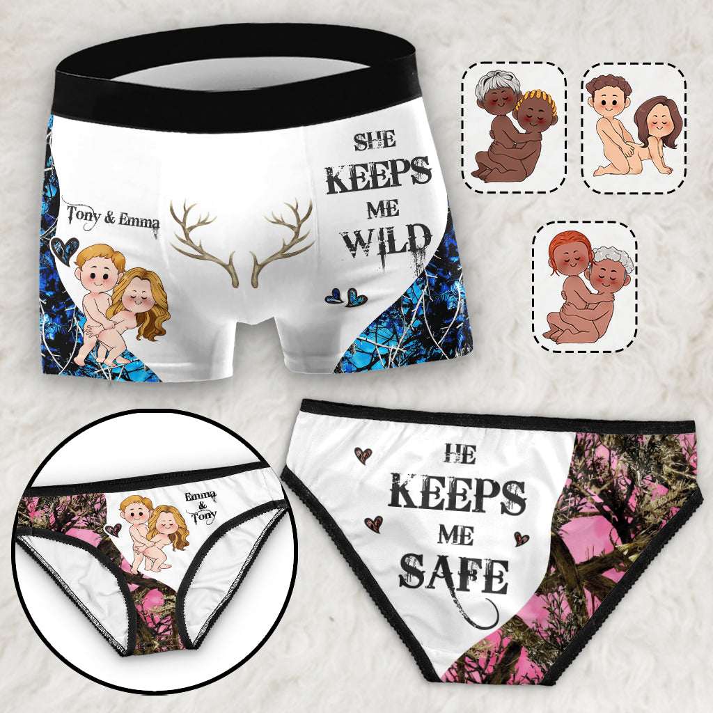 She Keeps Me Wild - Personalized Hunting Lace Border Women Briefs And Men’s Boxer Briefs