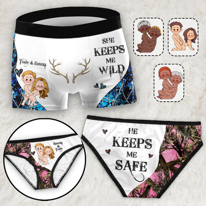 She Keeps Me Wild - Personalized Hunting Lace Border Women Briefs And Men’s Boxer Briefs