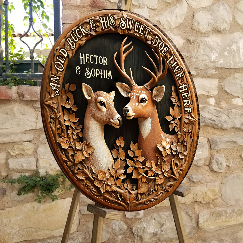 Old Buck Sweet Doe - Personalized Hunting Round Wood Sign