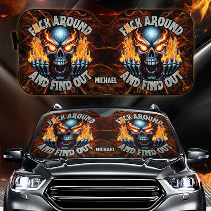 F Around And Find Out Fire Skeleton - Personalized Skull Car Sunshade