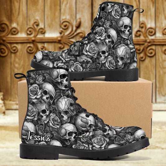 Skull Roses Black And White - Personalized Skull Leather Boots