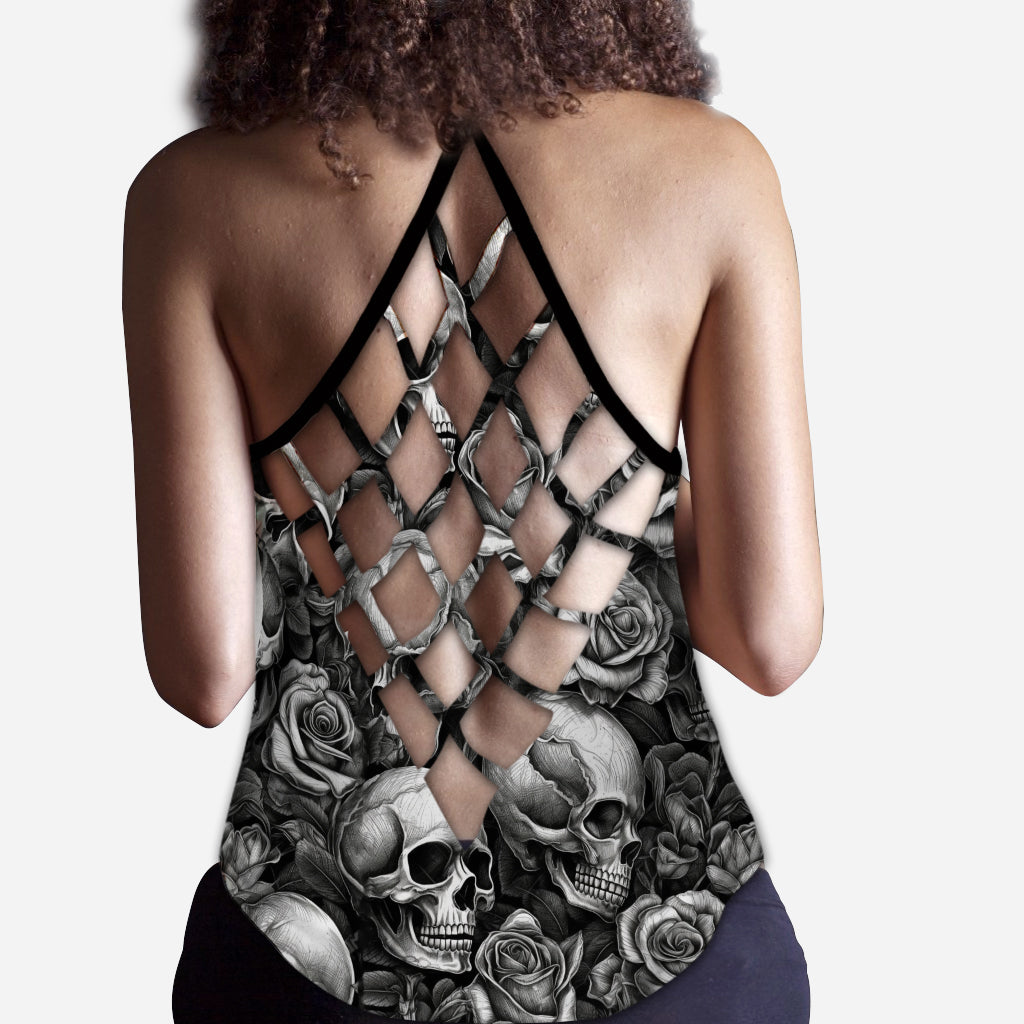 Skull Roses Black And White - Personalized Skull Cross Tank Top
