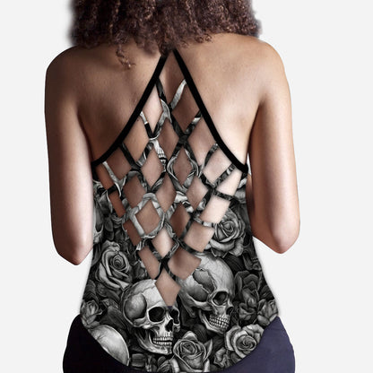 Skull Roses Black And White - Personalized Skull Cross Tank Top