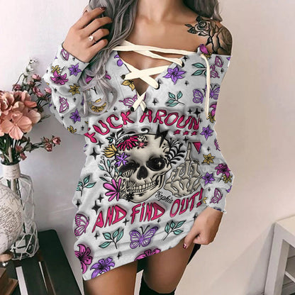 Fuck Around And Find Out - Personalized Skull Off Shoulder Long Sleeve Dress