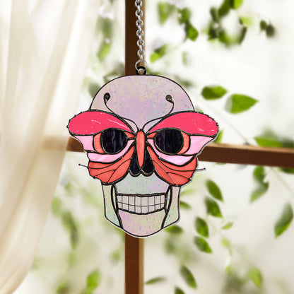 Skull With Colorful Butterfly - Personalized Skull Window Hanging Suncatcher Ornament