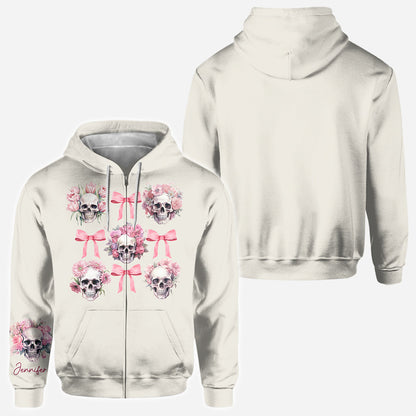 Pink Ribbon Coquette Bow Watercolor Skull - Personalized Skull All Over Shirt