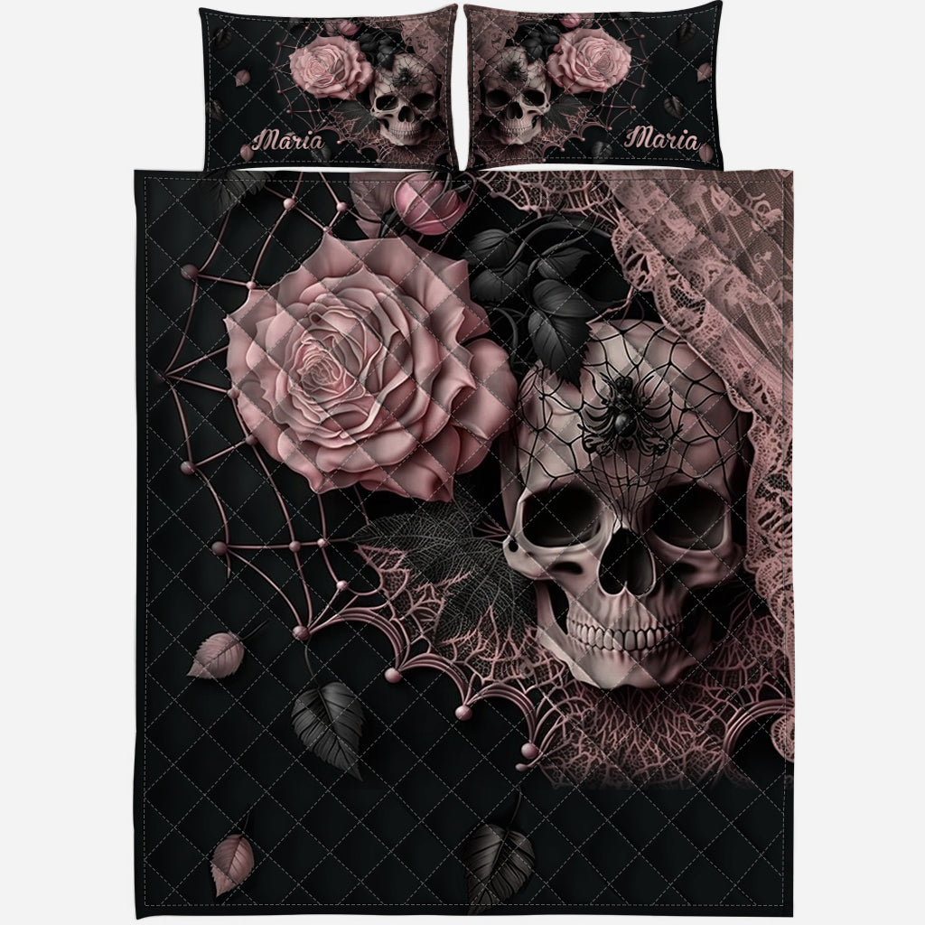 Roses And Skull - Personalized Skull Quilt Set
