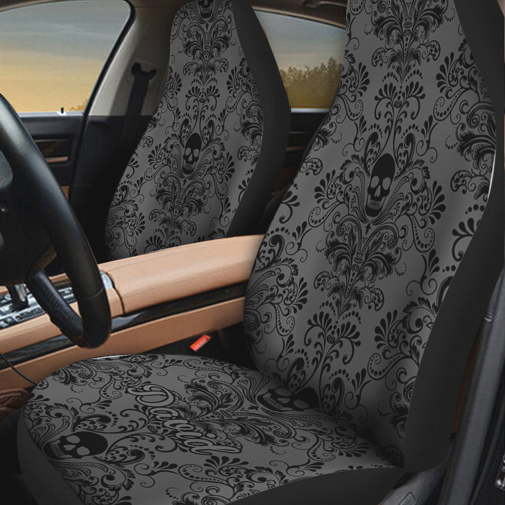 Black & Gray Floral Skull - Personalized Skull Seat Covers